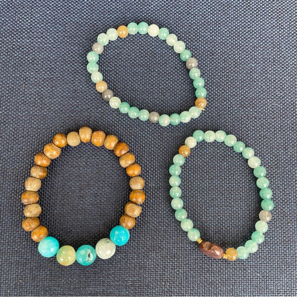 GREAT TO BUNDLE AND SAVE!  Fun, stretch bracelets in mint, wood, turquoise tones
